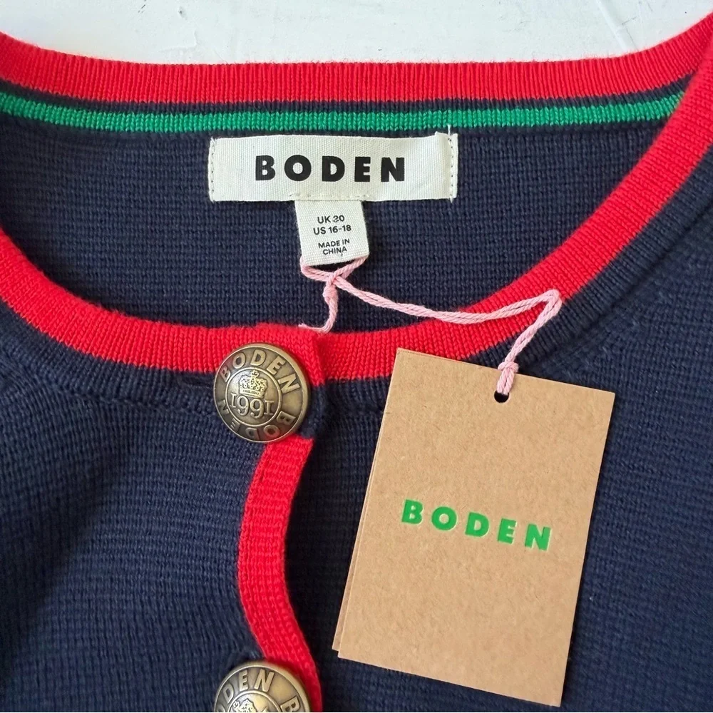 Boden Blue 100% Cotton Holly Knitted Cardigan Navy Red Knitted Size 16-18 NWT - Picture 7 of 13